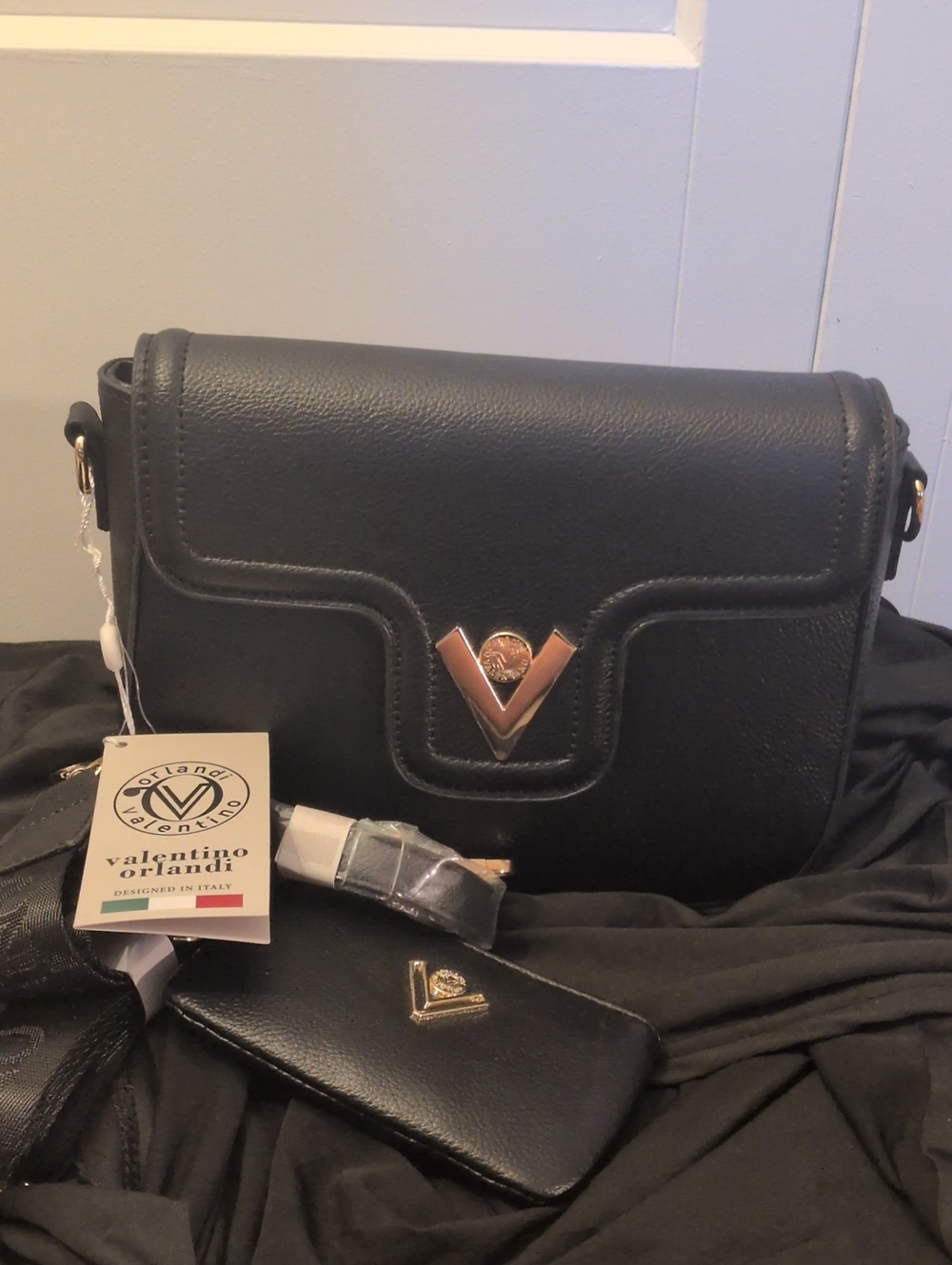 Valentino Orlandi Black Leather Crossbody with Gold V Accent